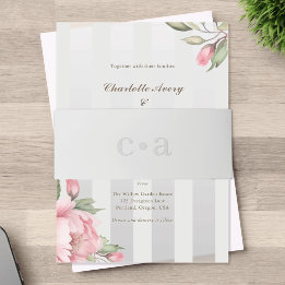Blush Peony Monogram Grey Wedding Invitation Belly Band