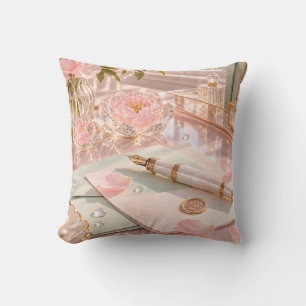 Blush Peony Pearl Stationery Still Life Throw Pillow