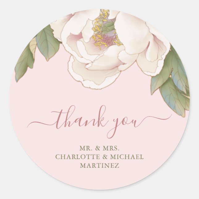 Blush Peony Rose Wedding Thank You Favour Sticker (Front)