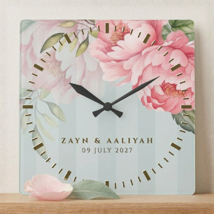 Blush Peony   Sage Green & Gold Square Wall Clock