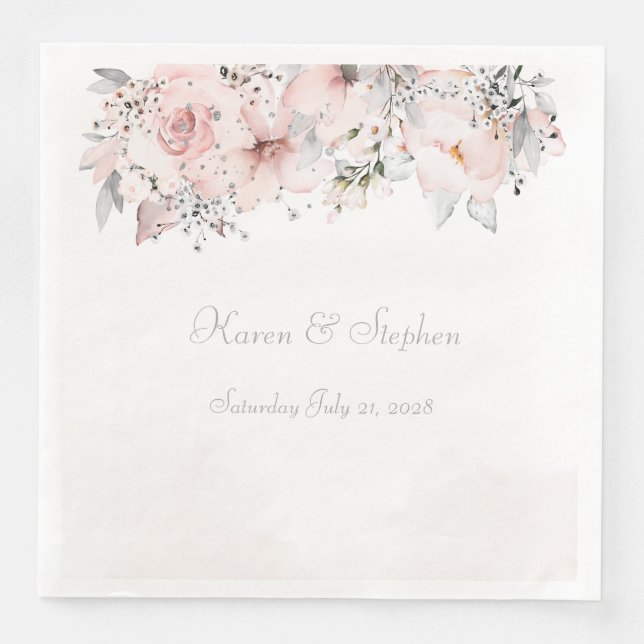 Blush Peony Silver Eucalyptus Wedding  Napkin (Front)