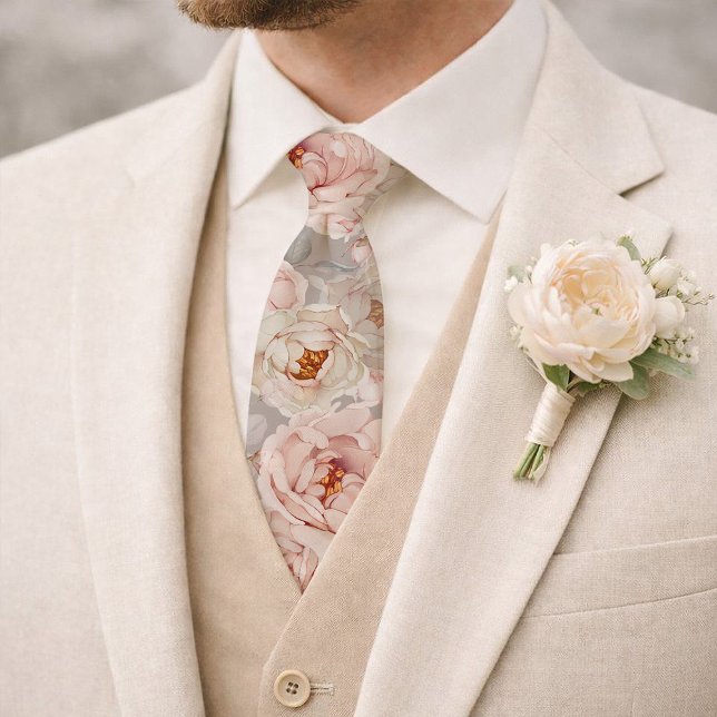 Blush Peony Watercolor Floral Wedding Tie (Creator Uploaded)