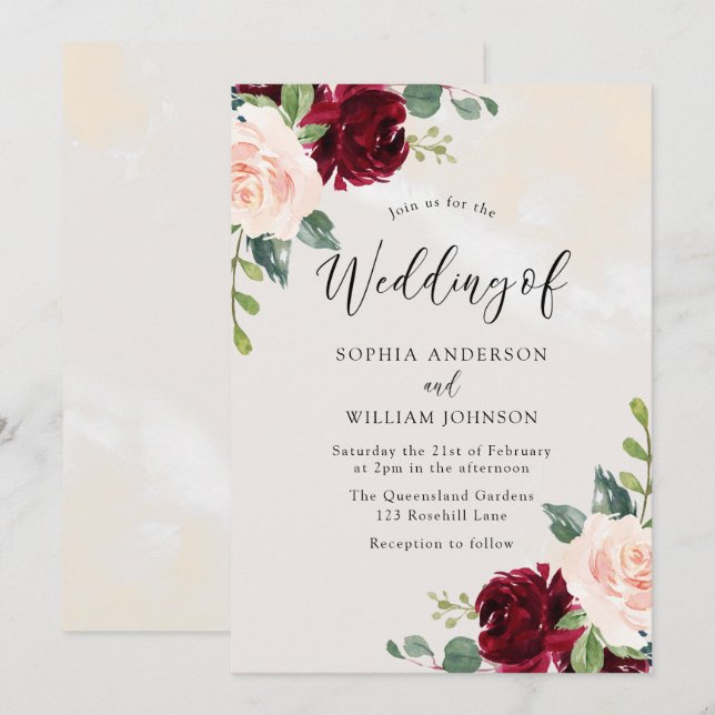 Blush Perfection: Watercolor Marble Floral Wedding Invitation (Front/Back)