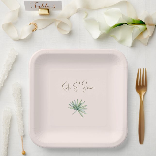 Blush Personalized Names Tropical Wedding  Paper Plate (Wedding)
