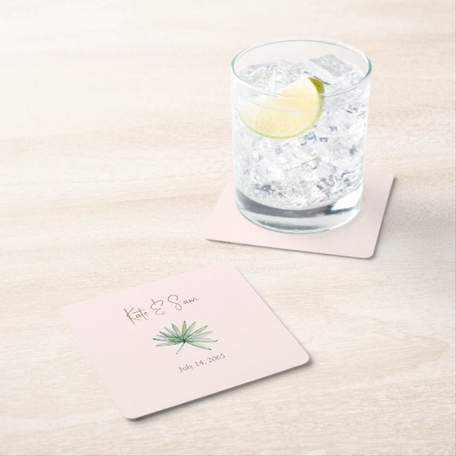 Blush Personalized Names Tropical Wedding  Square Paper Coaster (Insitu)