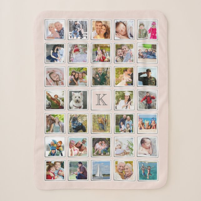 Blush Photo Collage Monogram Grey Frame 34 Photos Sherpa Blanket (Front)