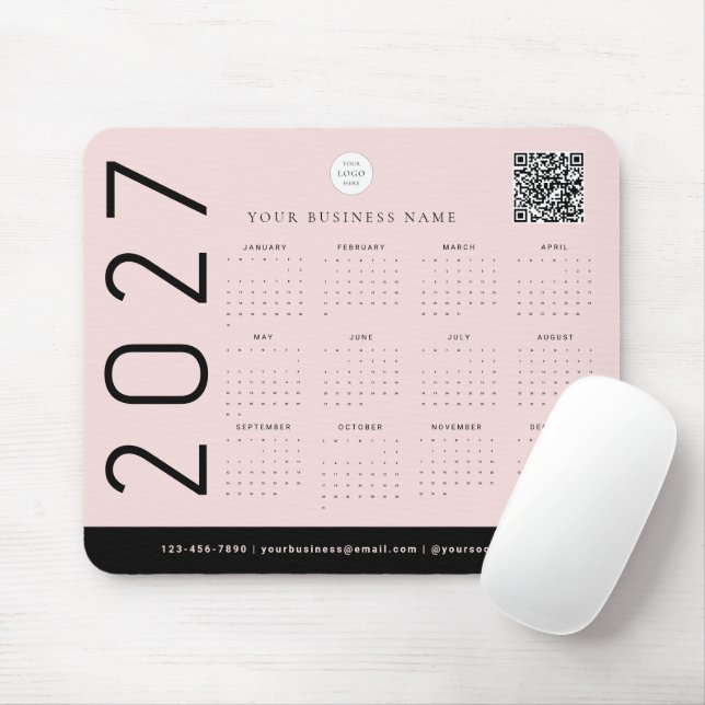 Blush Pink 2027 Calendar Business Logo QR Code Mouse Pad (With Mouse)