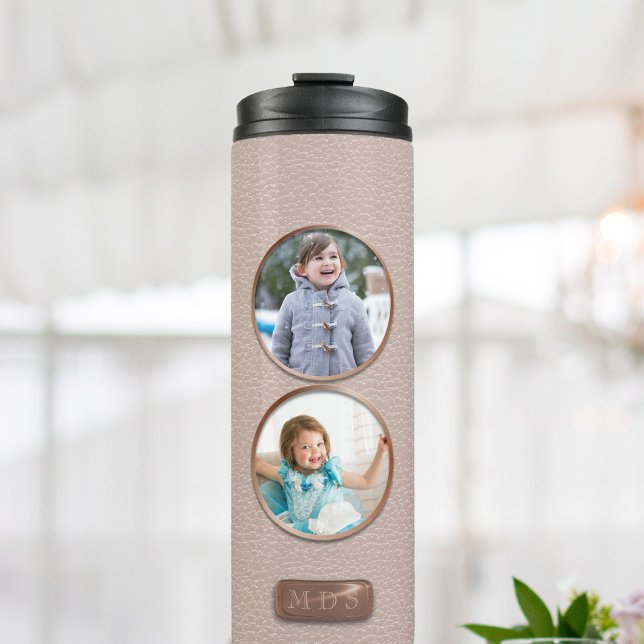 Blush Pink 2 Photo Collage Elegant Monogrammed Thermal Tumbler (Upload two photos to this pretty pink faux leather look thermal tumbler and add your initials)