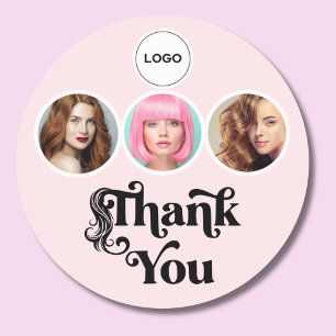 Blush Pink 3 Photo Hair Stylist Logo Thank You Classic Round Sticker