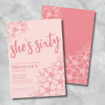 Blush Pink 60th Birthday Party Invitation<br><div class="desc">Elegant Sixty Blush Pink 60th Birthday Party Invitation. A fun but elegant 60th birthday party invitation with girly blush pink and darker pink flowers for the young at heart. A playful flower pattern frames a script typography "she's sixty" mixed with a more classic serif font. Celebrate sixty years of life...</div>
