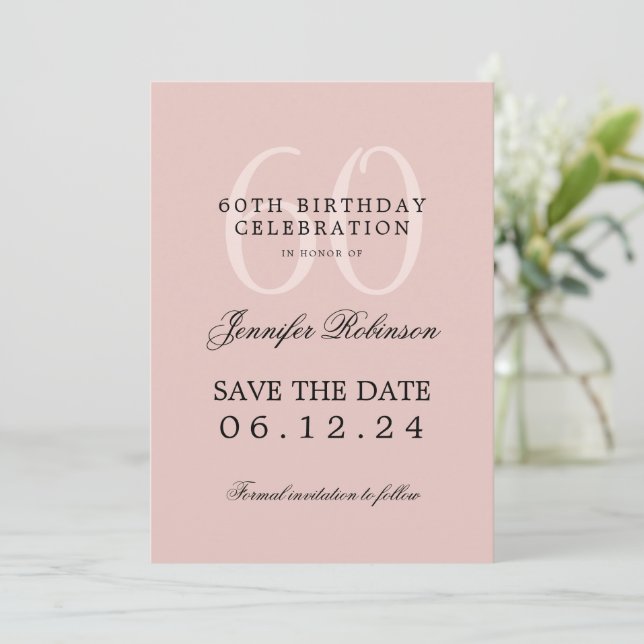Blush Pink 60th Birthday Save Date Details  Invitation (Standing Front)