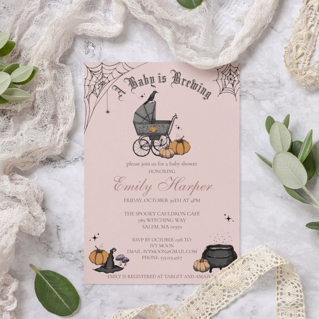 Blush Pink A Baby is Brewing Baby Shower Invitation (Elegant and Spooky Victorian Baby Carriage Custom Baby Shower Invitattion in a Chic Blush Pink.)