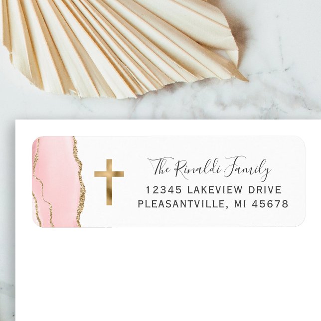 Blush Pink Agate Gold Cross Return Address Label (Creator Uploaded)