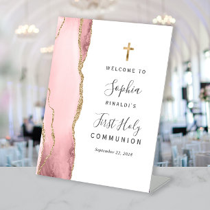 Blush Pink Agate Gold First Holy Communion Welcome Pedestal Sign
