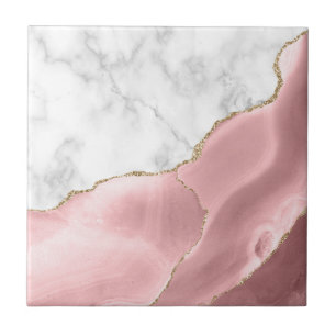 Blush Pink Agate Gold Glitter White Marble Tile