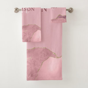 Blush Pink Agate Rose Gold Glitter Monogram Bath T Bath Towel Set