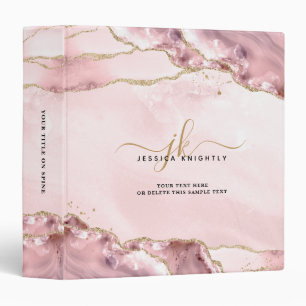 Blush Pink Agate Script Monogram Gold Glitter  Binder
