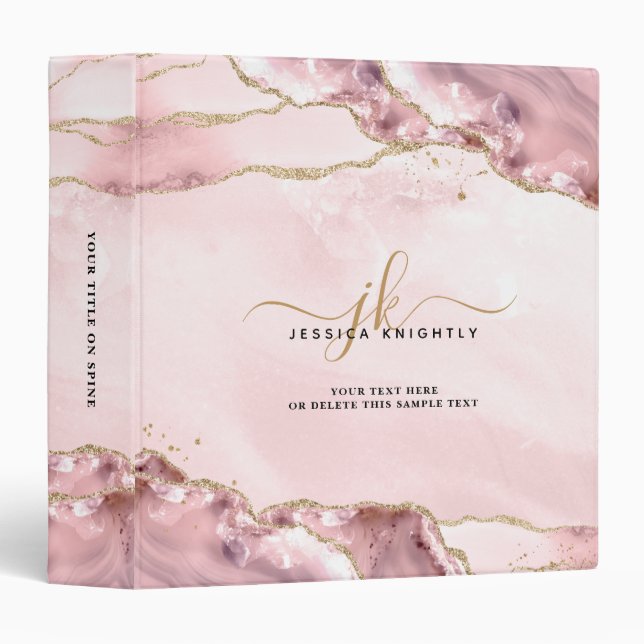 Blush Pink Agate Script Monogram Gold Glitter  Binder (Front/Spine)