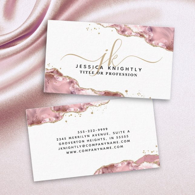 Blush Pink Agate Script Monogram Gold Glitter Business Card (Creator Uploaded)