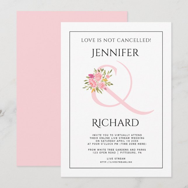 Blush pink ampersand, pink rose virtual wedding invitation (Front/Back)