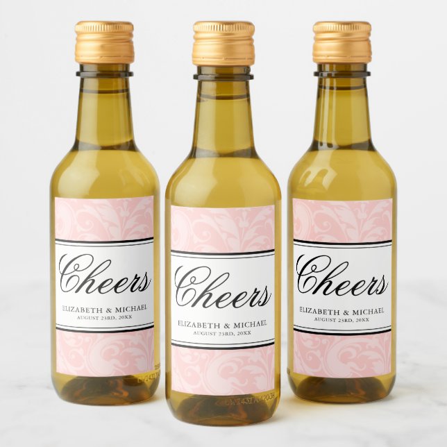 Blush Pink and Black Damask Swirl Wedding Mini Wine Label (Bottles)