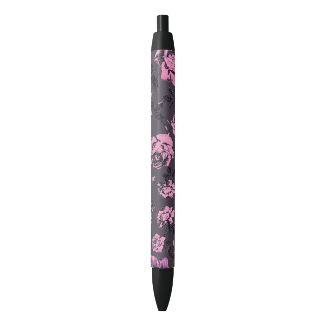 Blush Pink and Black Floral Print Rustic Roses Black Ink Pen (Front Vertical)