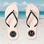 Blush Pink and Black Moroccan Quatrefoil Monogram Flip Flops<br><div class="desc">Custom printed flip flop sandals with a stylish Moroccan quatrefoil pattern and your custom monogram or other text in a circle frame. Click Customize It to change text fonts and colours or add your own images to create a unique one of a kind design!</div>