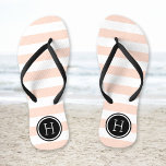 Blush Pink and Black Preppy Stripes Monogram Flip Flops<br><div class="desc">Custom printed flip flop sandals with a preppy nautical stripe pattern and your custom monogram or other text in a circle frame. Click Customize It to change text fonts and colours or add your own images to create a unique one of a kind design!</div>