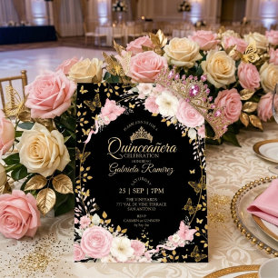 Blush Pink and Black Quinceañera Golden Roses Invitation