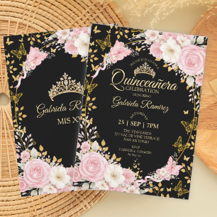 Blush Pink and Black Quinceañera Golden Roses Invitation