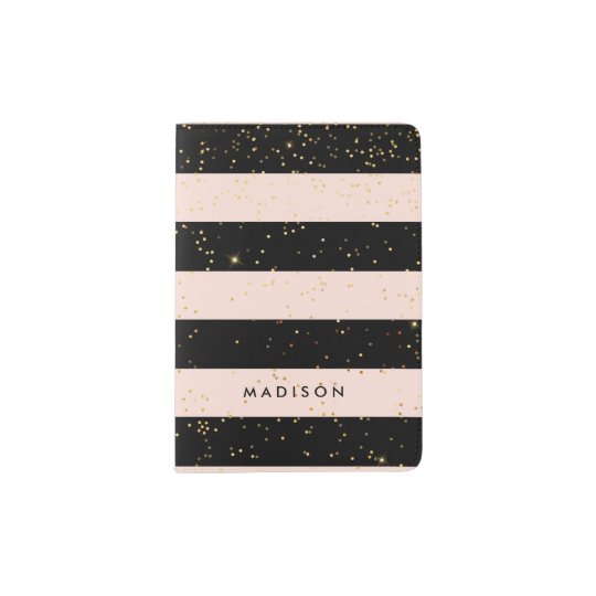 Blush Pink and Black Stripes | Faux Gold Confetti Passport Holder