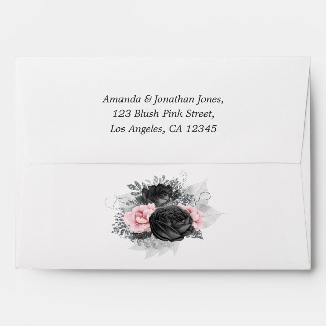 Blush Pink and Black Vintage Roses Wedding Envelope (Back (Top Flap))
