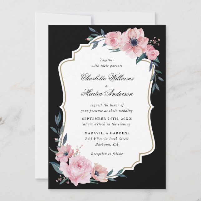 Blush Pink and Black Watercolor Floral Wedding Invitation (Front)