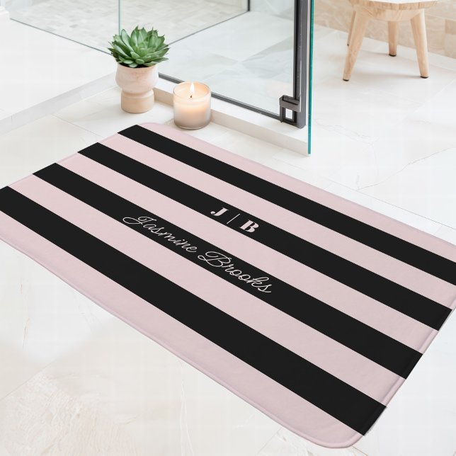 Blush Pink And Black Wide Stripes Monogram Name Bath Mat (Creator Uploaded)