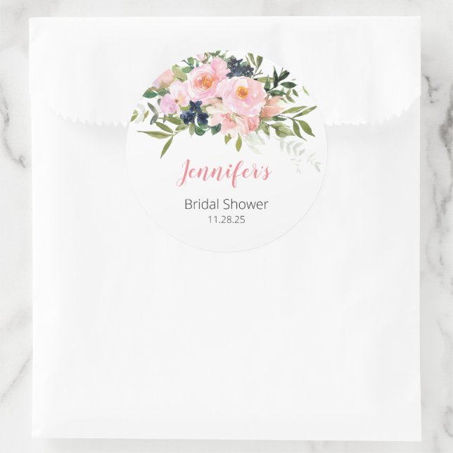 Blush Pink and Blue Floral Classic Round Sticker (Bag)