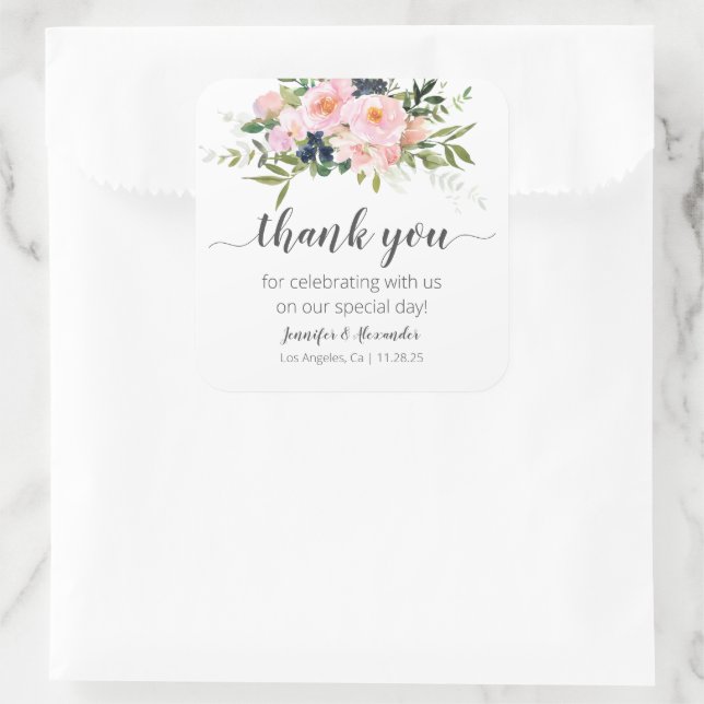 Blush Pink and Blue Flowers Square Sticker (Bag)