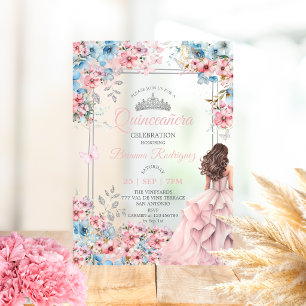 Blush Pink and Blue Silver Floral Quinceañera Acrylic Invitations