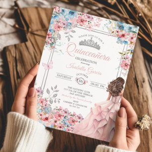 Blush Pink and Blue Tiara Floral Quinceañera Invitation