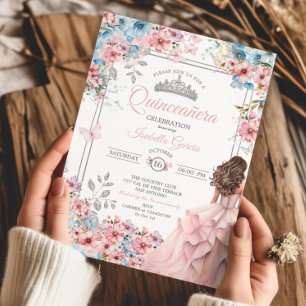 Blush Pink and Blue Tiara Floral Quinceañera Invitation