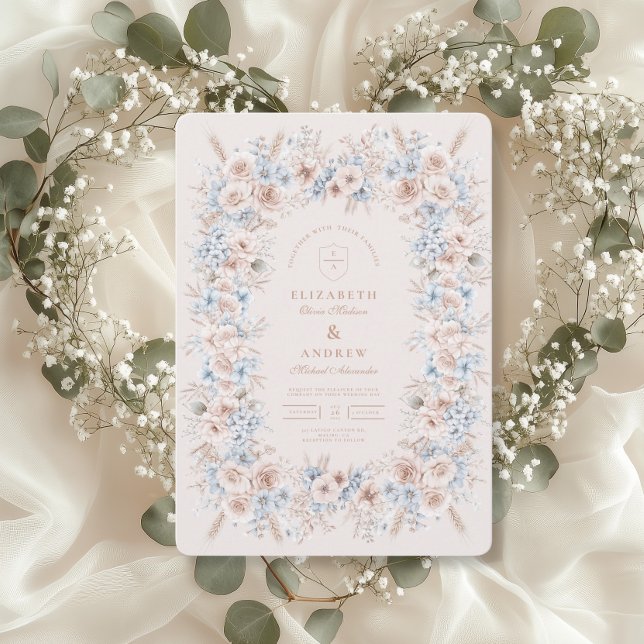 Blush Pink and Blue Watercolor Floral Wedding Invitation (Creator Uploaded)