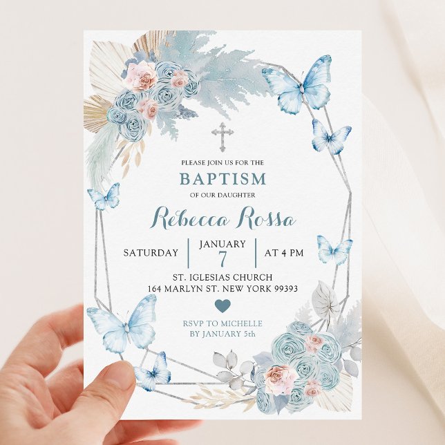 Blush Pink and Boho Blue Butterfly Girl Baptism Invitation (Creator Uploaded)