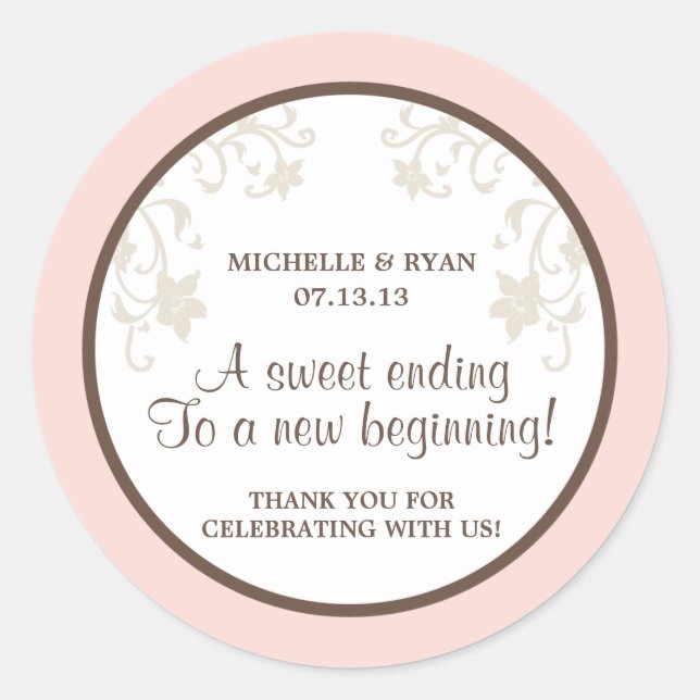 Blush Pink and Brown Flowers Love is Sweet Classic Round Sticker (Front)