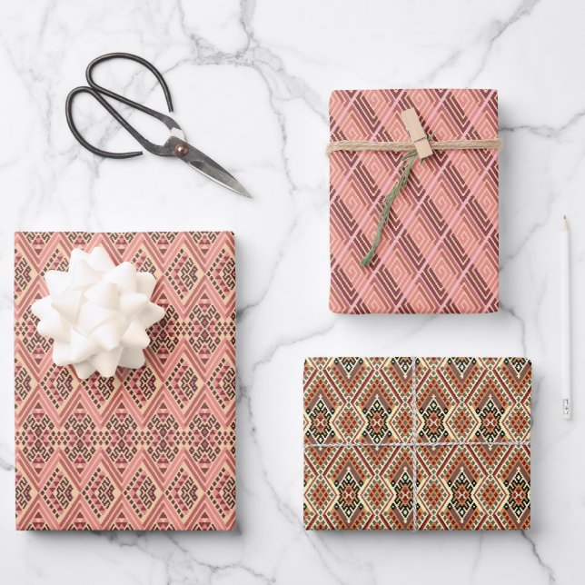 Blush Pink and Brown Geometric Mosaic Wrapping Paper Sheet (Front)