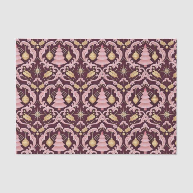 Blush Pink and Burgundy Baroque Christmas Pattern Tissue Paper (Front)