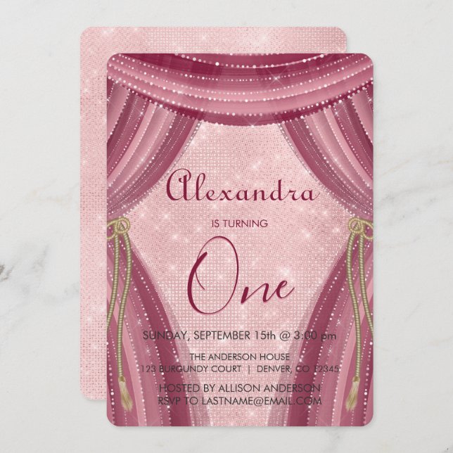 Blush Pink and Burgundy First Birthday Invitation (Front/Back)