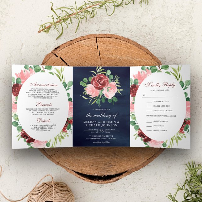 Blush Pink and Burgundy Floral 3 in 1 Navy Wedding Tri-Fold Invitation (Creator Uploaded)