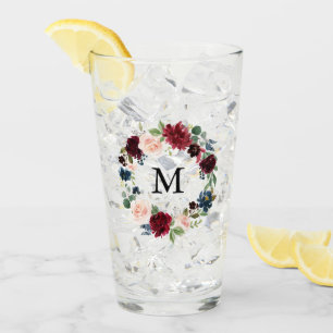Blush Pink and Burgundy Floral Wreath Monogram Glass