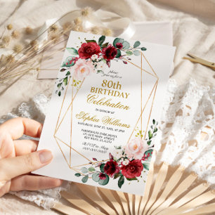 Blush Pink and Burgundy Rose 80 Birthday Invitation