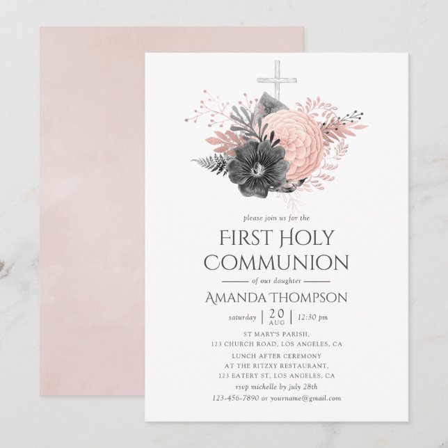 Blush Pink and Charcoal Floral Holy Communion Invitation (Front/Back)