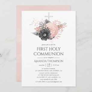 Blush Pink and Charcoal Floral Holy Communion Invitation